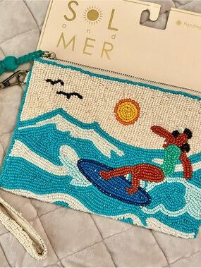 Made in India beaded Hawaiian surf girl scene wristlet